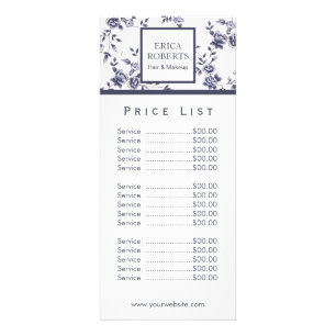 Vintage Beauty Salon Blue White Floral Price List Rack Card