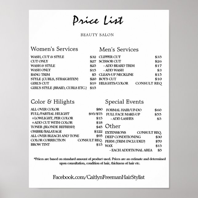 Vintage Beauty Salon Price List Poster (Front)
