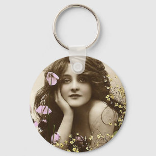 Vintage Beauty with Flowers Key Ring