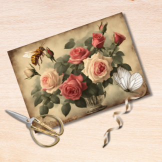 Vintage Bee and Butterfly  With Pink Roses  Tissue Paper