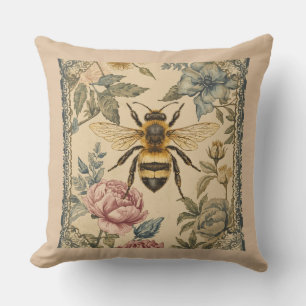 Vintage, Bee and Flowers Garden, Honey Bee , Queen Cushion