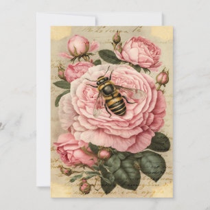 Vintage Bee and Pink Roses Decoupage Holiday Card