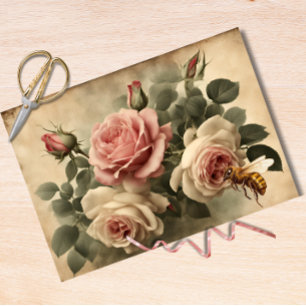 Vintage Bee and Pink Roses Decoupage Tissue Paper