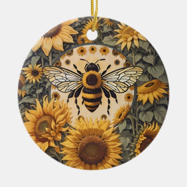 Vintage Bee and Sunflowers  Ceramic Tree Decoration (Front)