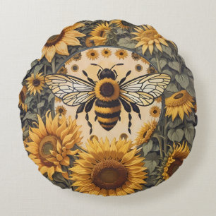 Vintage Bee and Sunflowers  Round Cushion