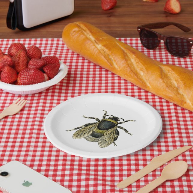 Vintage Bee Black and Yellow Antique Illustration Paper Plate (Picnic)