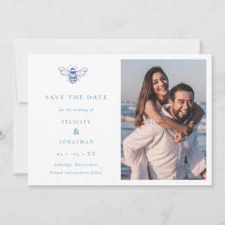 Vintage Bee Blue Minimalist QR Code Photo Wedding Save The Date