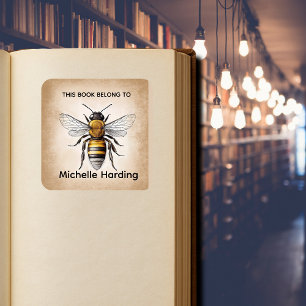 Vintage Bee Bookplate   “This Book Belongs To” Per Square Sticker