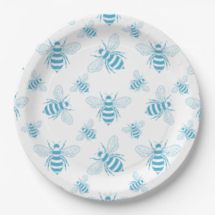 Vintage Bee Botanical Blue (1) Paper Plate