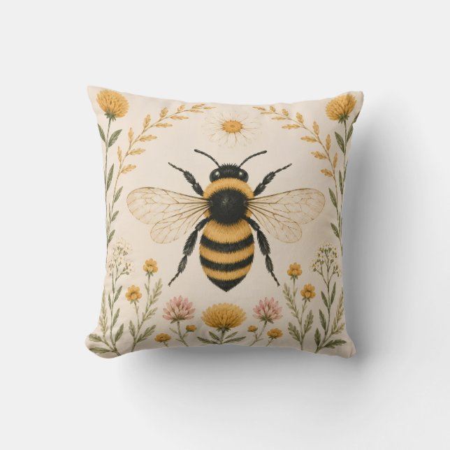 Vintage Bee Botanical Throw Pillow (Front)