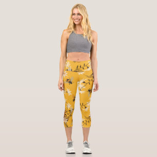 Vintage Bee & Butterfly: Embroidered Floral Art Capri Leggings