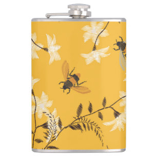 Vintage Bee & Butterfly: Embroidered Floral Art Hip Flask