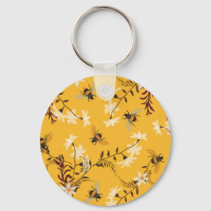 Vintage Bee & Butterfly: Embroidered Floral Art Key Ring