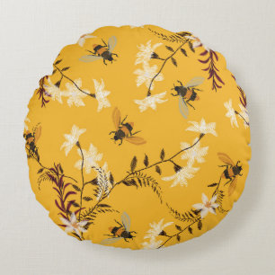 Vintage Bee & Butterfly: Embroidered Floral Art Round Cushion
