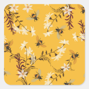 Vintage Bee & Butterfly: Embroidered Floral Art Square Sticker