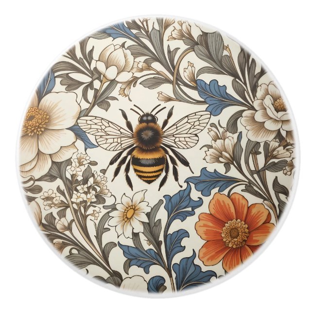 Vintage Bee Cream Floral  Ceramic Knob (Front)