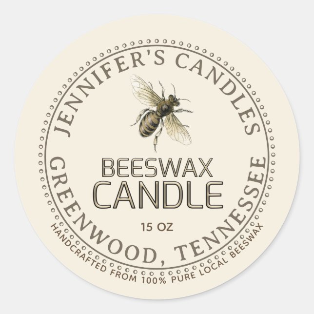 Vintage Bee Handcrafted Beeswax Candle Label Ivory (Front)