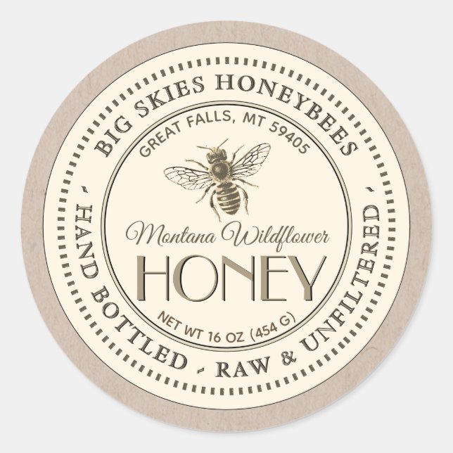 Vintage Bee Honey Label Hand Bottled Raw Kraft  (Front)