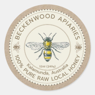 Vintage Bee Honey Label on Kraft Apiary Beekeeper