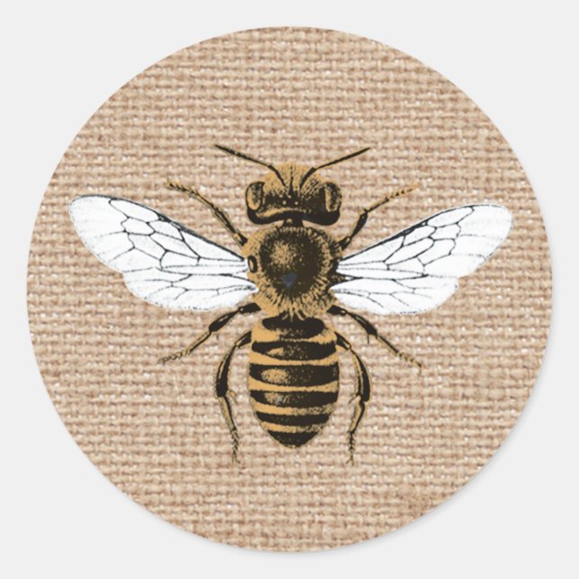 Vintage Bee on Burlap Classic Round Sticker (Front)
