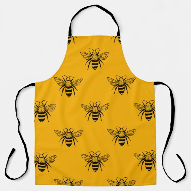 Vintage Bee Pattern, Black Yellow. Apron (Front)