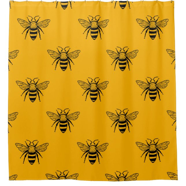 Vintage Bee Pattern, Black Yellow. Shower Curtain (Front)