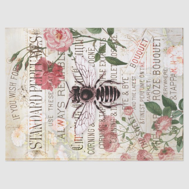Vintage Bee Rose Bouquet Ephemera Decoupage Tissue Paper (Front)
