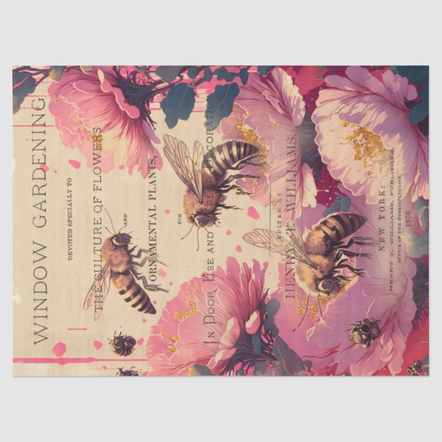 Vintage Bee Rose Bouquet Ephemera Decoupage Tissue Paper (Front)