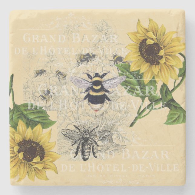 Vintage Bee Sunflower Cream Nature Stone Coaster (Front)