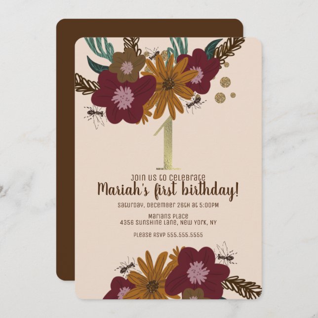 Vintage Bee Sunflower Floral First Birthday Invitation (Front/Back)