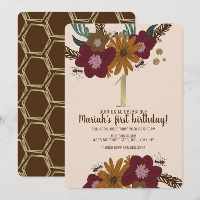 Vintage Bee Sunflower Floral First Birthday Invitation (Front/Back)