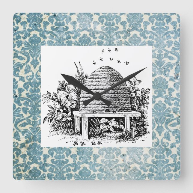 Vintage Beehive on Blue Damask Square Wall Clock (Front)