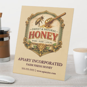 Vintage beekeeper apiarist honey label stand beige pedestal sign
