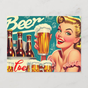 Vintage Beer Girl Illustration Postcard