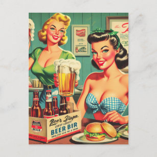 Vintage Beer Girls Illustration Postcard