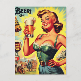 Vintage Beer Woman Illustration Postcard