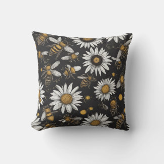 Vintage Bees and Daisies Floral Pattern Throw Pill Cushion