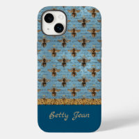 Vintage Bees on Blue Damask with Handwriting
