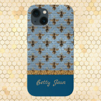 Vintage Bees on Blue Damask with Handwriting