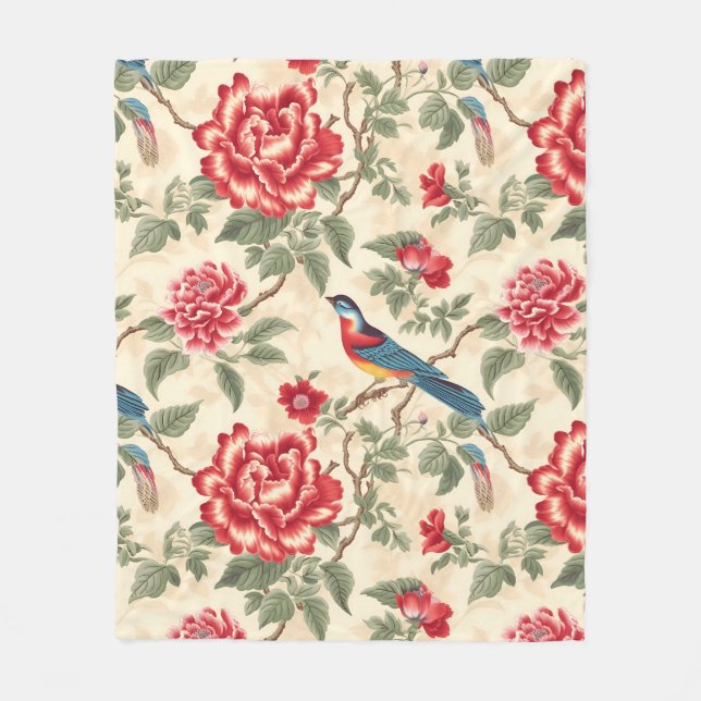 Vintage beige bird chinoiserie  fleece blanket (Front)