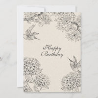 Vintage beige Bird Hydrangea Flowers custom text