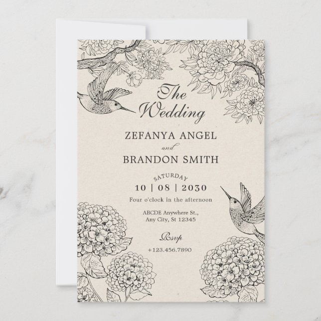 Vintage beige Bird Hydrangea Flowers wedding  Invitation (Front)