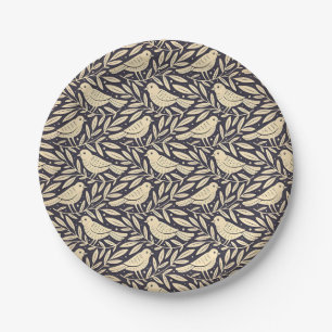 Vintage Beige Bird Pattern on Dark Background Paper Plate