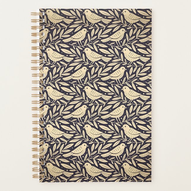 Vintage Beige Bird Pattern on Dark Background Planner (Front)