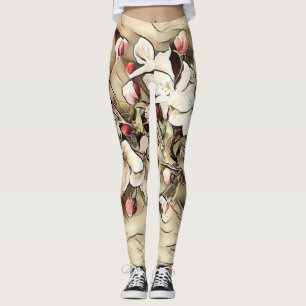 Vintage beige brown cherry blossoms drawing leggings