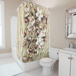 Vintage beige brown cherry blossoms drawing  shower curtain