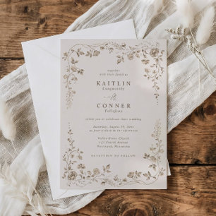 Vintage Beige Brown French Floral Wedding Invitation