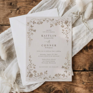 Vintage Beige Brown French Floral Wedding Invitation