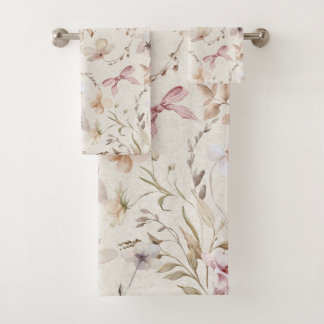 Vintage Beige Floral and Gingham Ribbon Bow Bath Towel Set