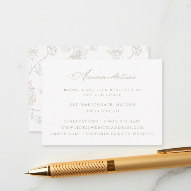 Vintage Beige Floral Wedding Accommodations Enclosure Card (Front/Back In Situ)